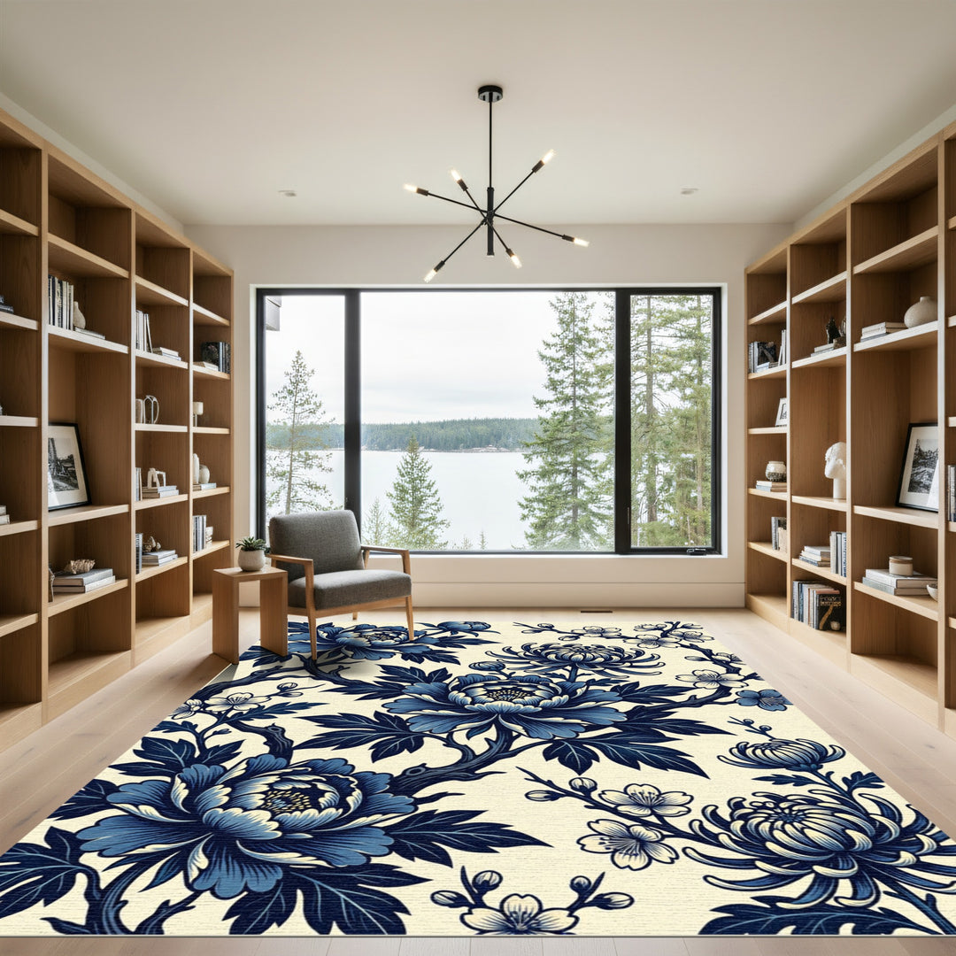 Deep Blue Floral Branch Arrangement Rug