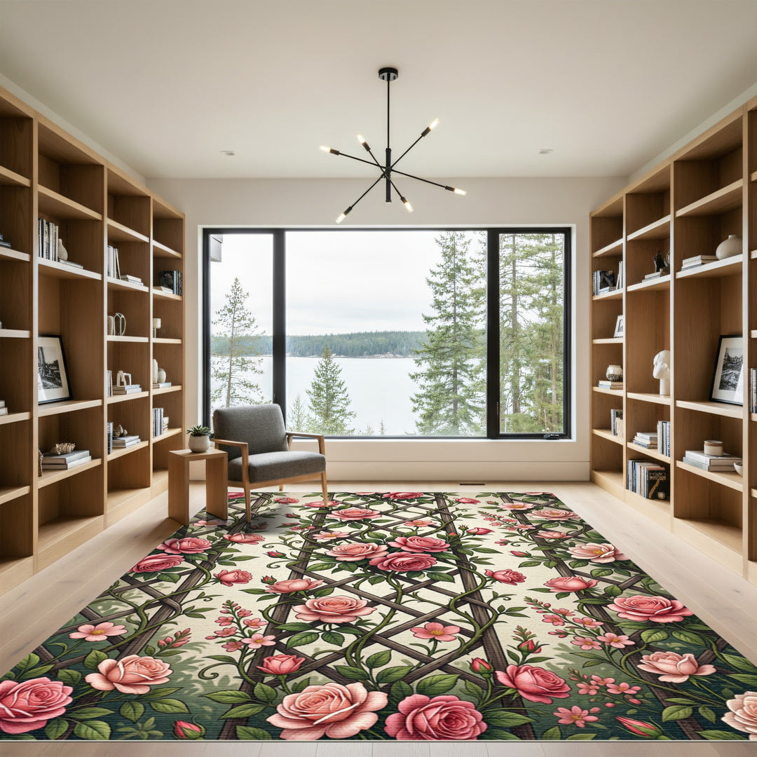 Pink Rose Vine Lattice Garden Rug