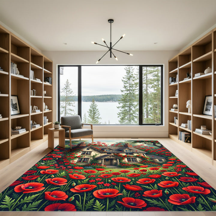 Red Poppy Garden Cottage Scene Rug