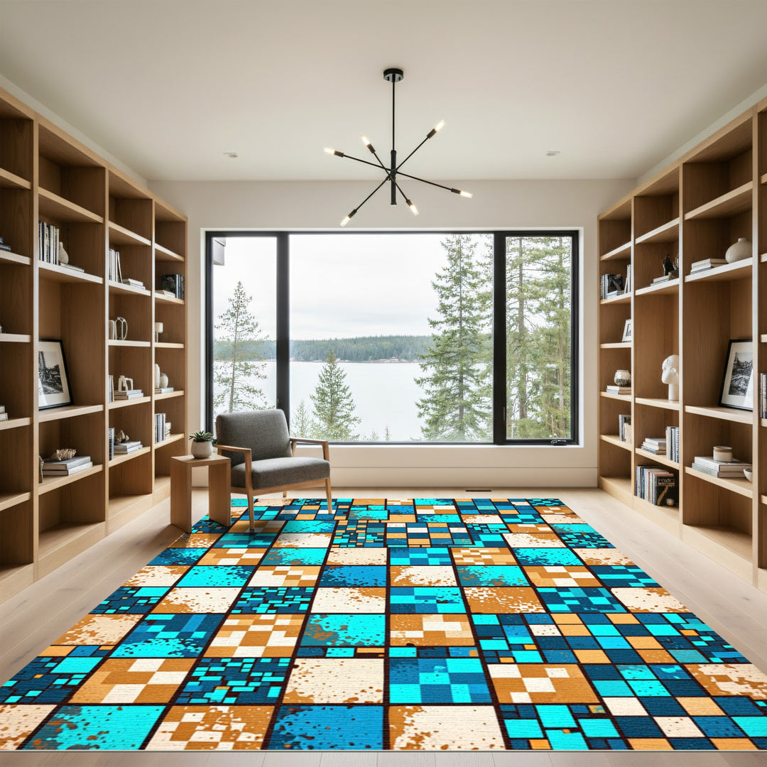 Abstract Blue Tan Checkerboard Splatter Rug