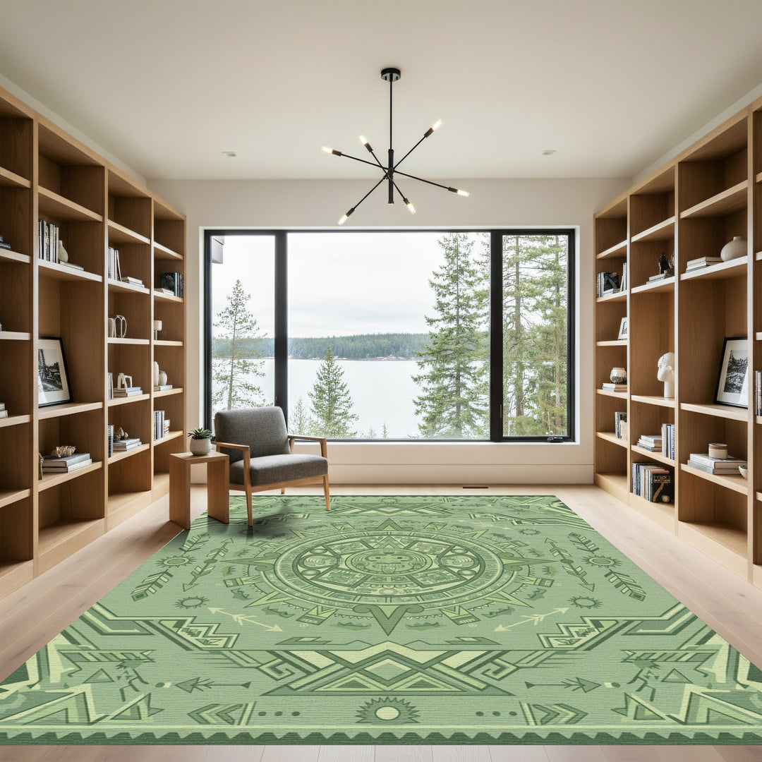 Green Aztec Sun Stone Geometric Rug