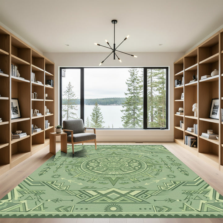 Green Aztec Sun Stone Geometric Rug