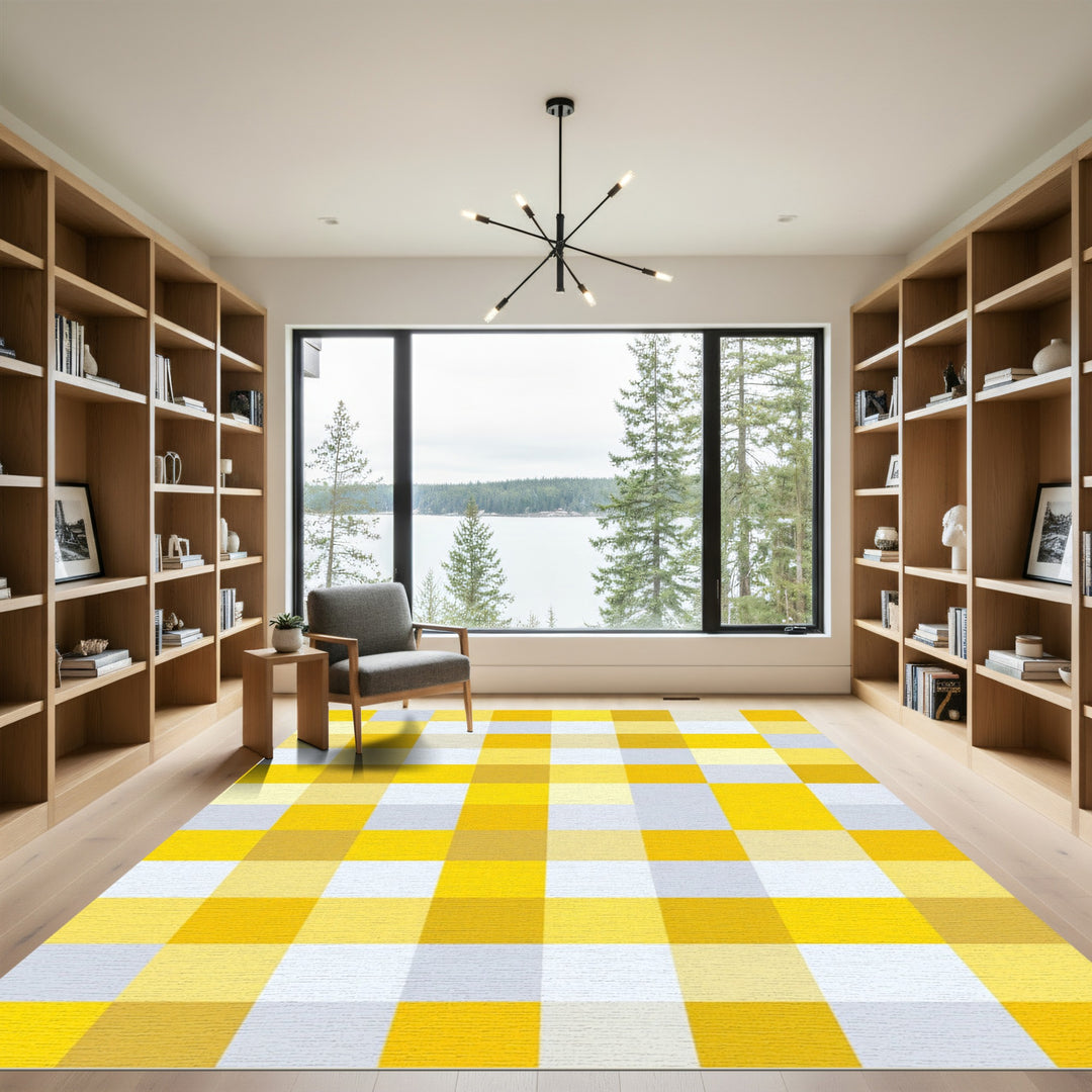 Bright Yellow Plaid Square Rug