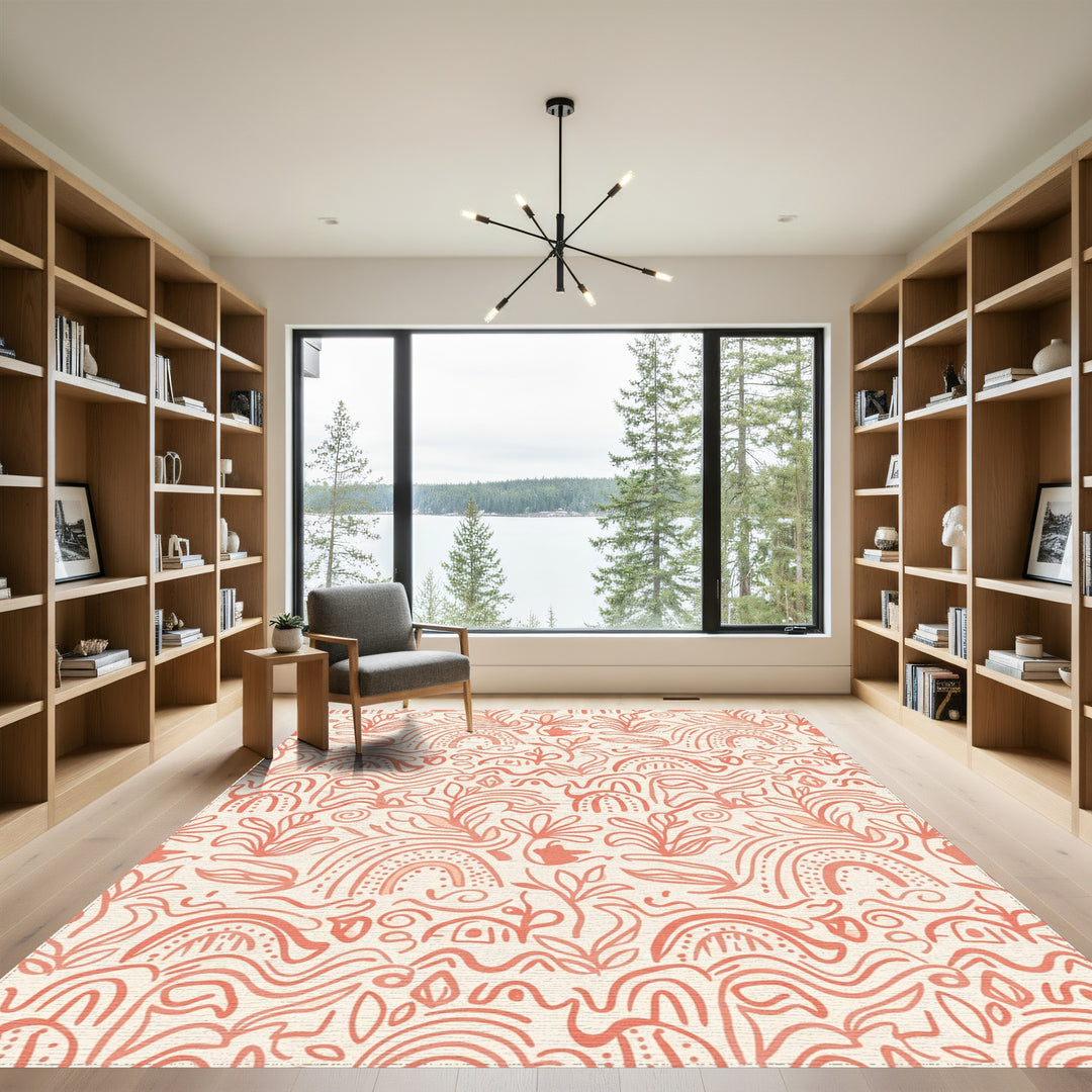 Coral Abstract Floral Rainbow Swirls Rug