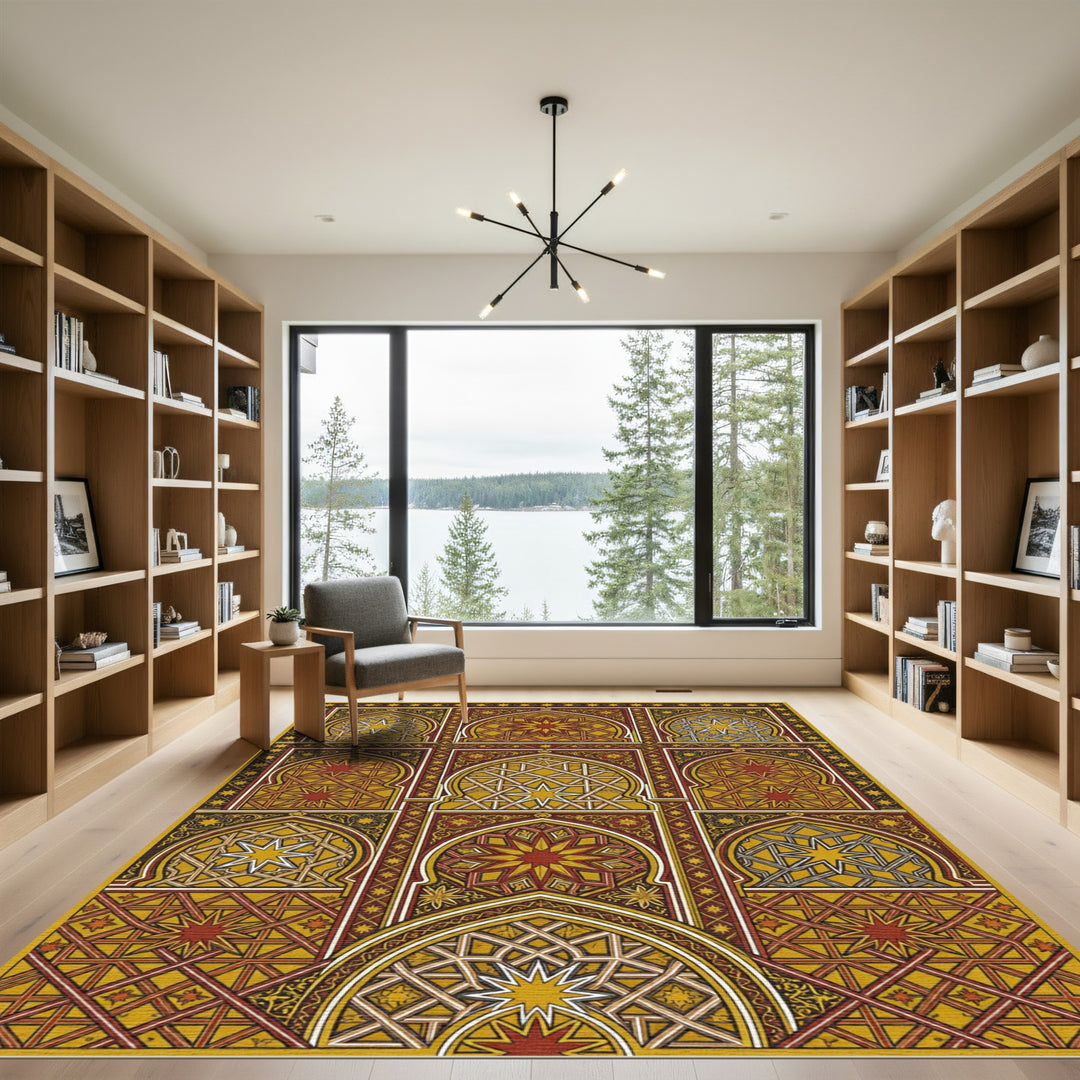 Intricate Golden Starburst Arches Rug