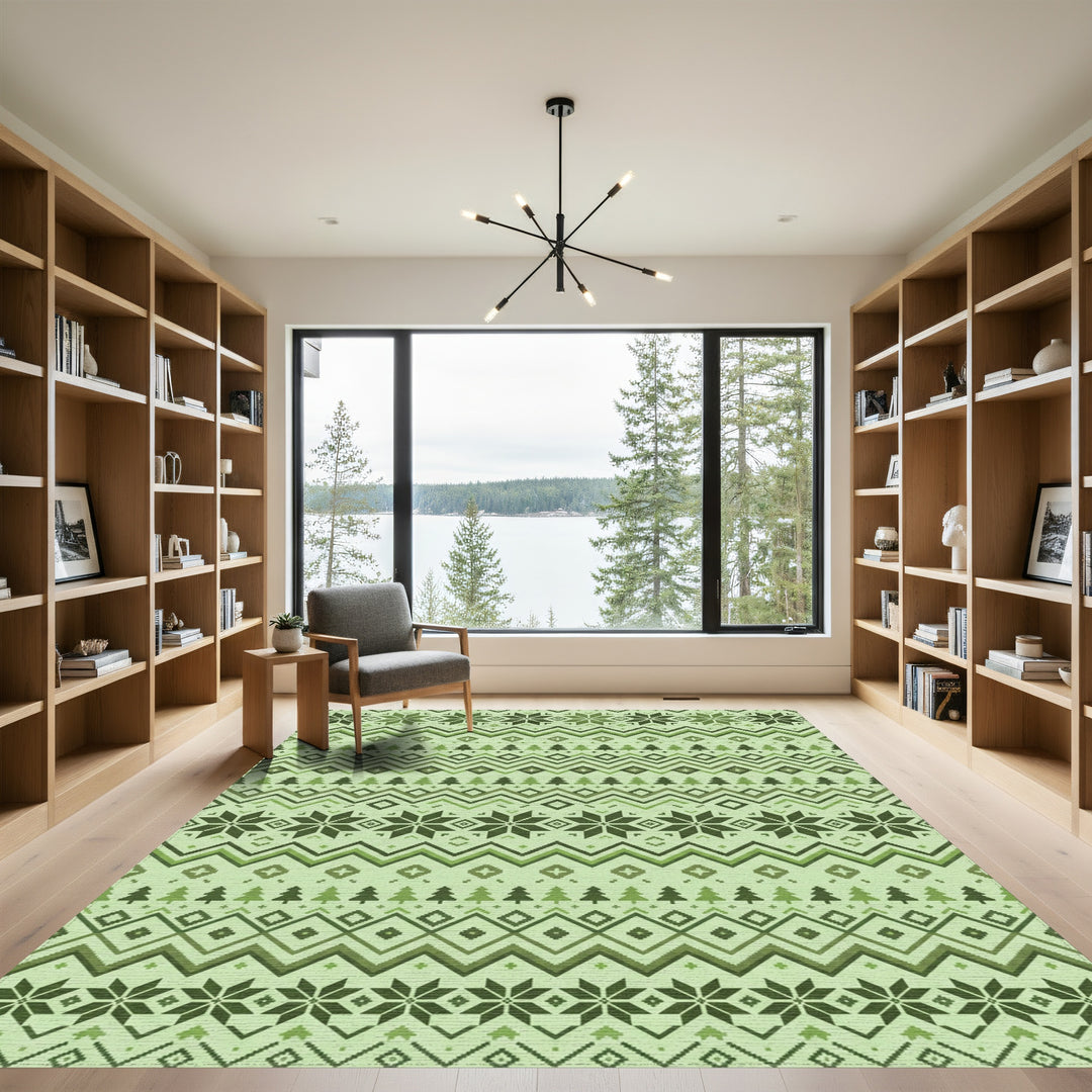 Forest Green Nordic Snowflake Stripe Rug