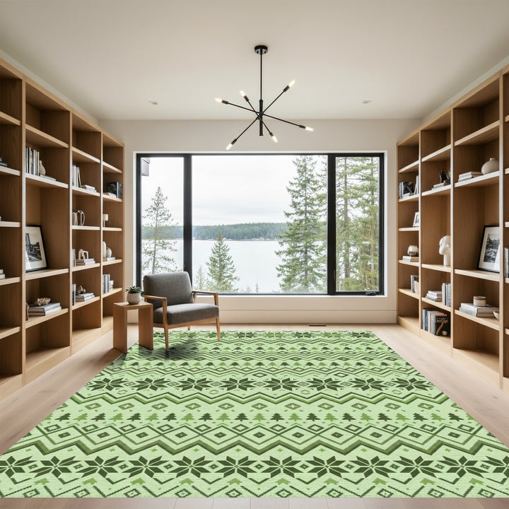 Forest Green Nordic Snowflake Stripe Rug