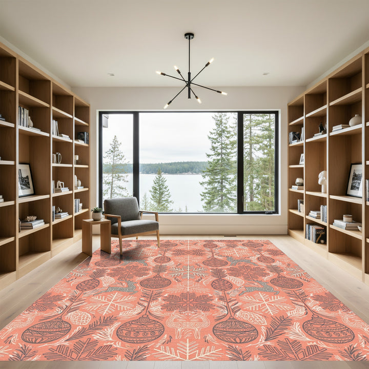 Coral Reindeer Snowflake Ornament Tree Rug