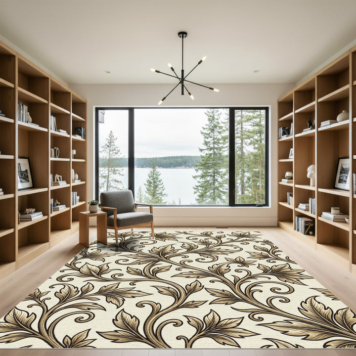 Elegant Golden Leaf Scroll Rug