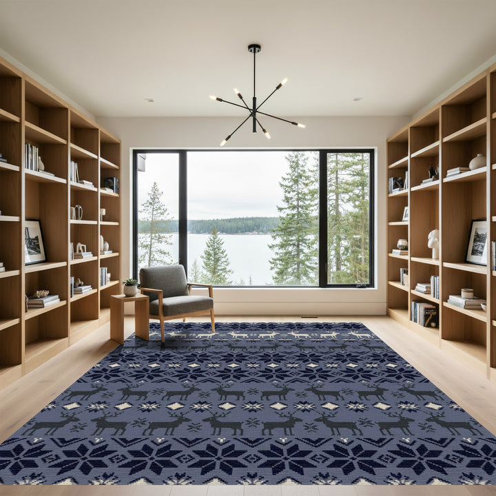 Navy Blue Deer Snowflake Fair Isle Rug
