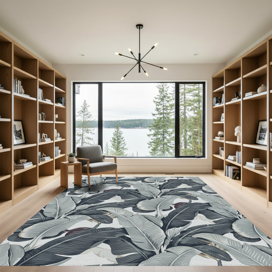 Monochrome Tropical Banana Leaf Lush Rug