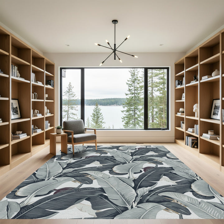 Monochrome Tropical Banana Leaf Lush Rug