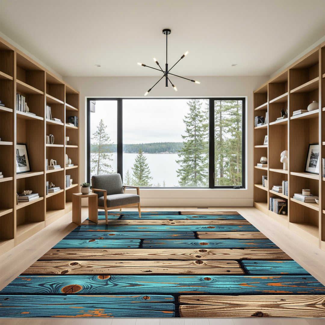 Aqua Blue Rustic Wood Plank Rug