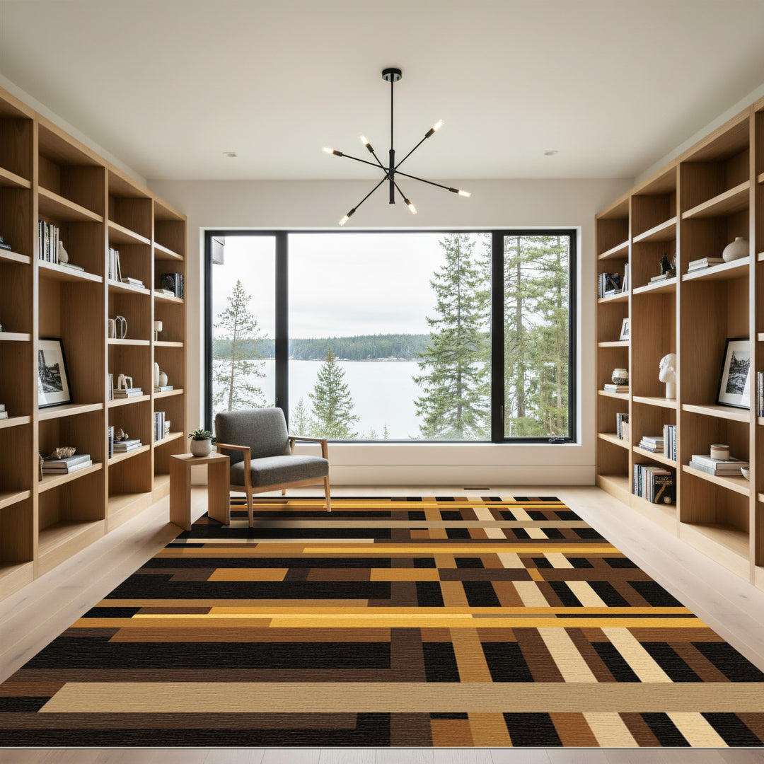 Geometric Golden Brown Stripe Composition Rug