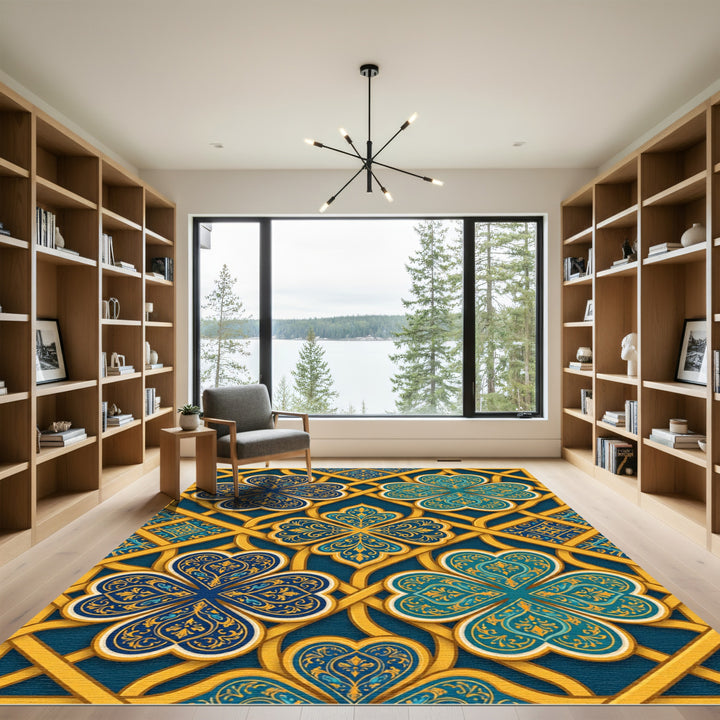 Elegant Gold Blue Clover Medallion Rug