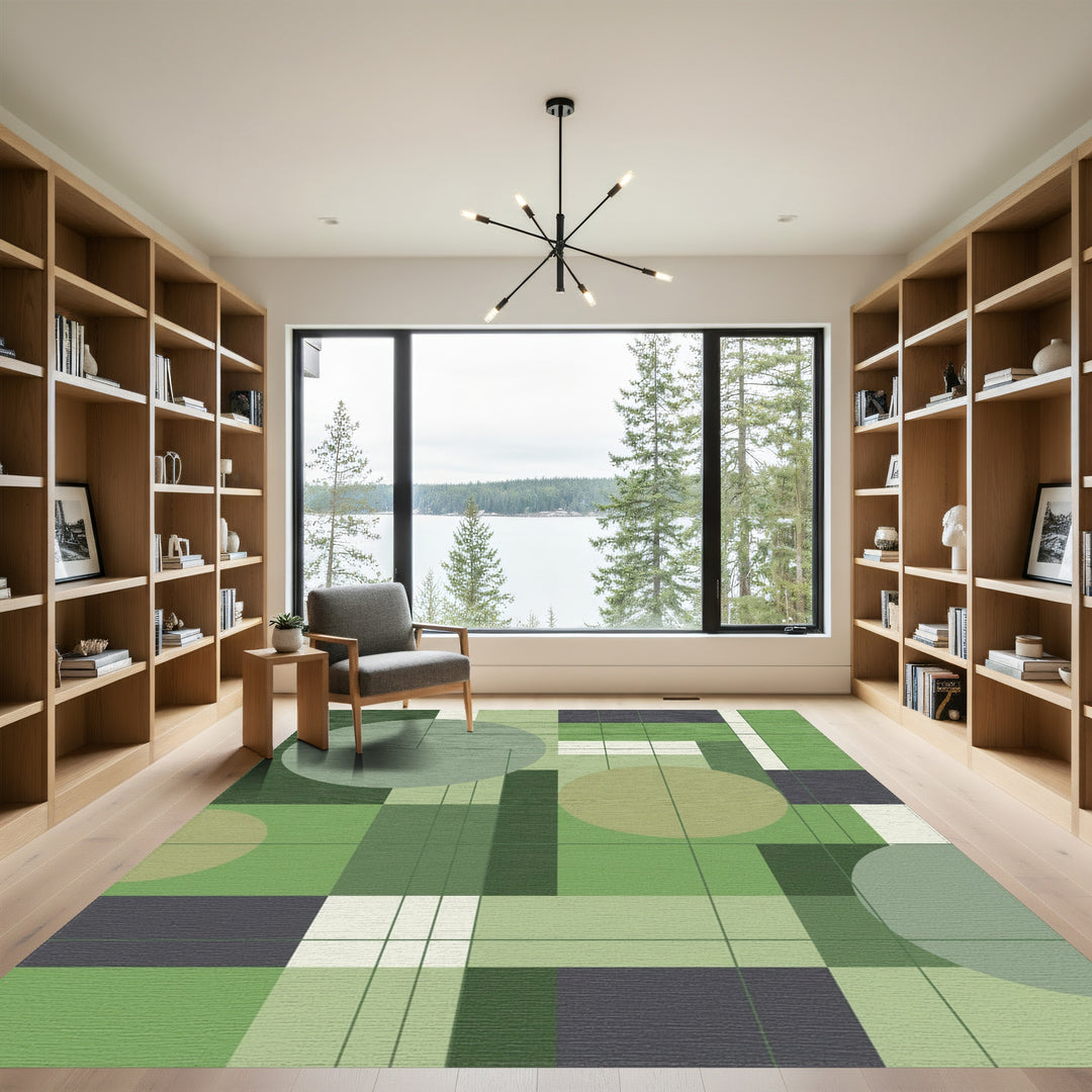 Abstract Green Geometric Circles and Squares Rug