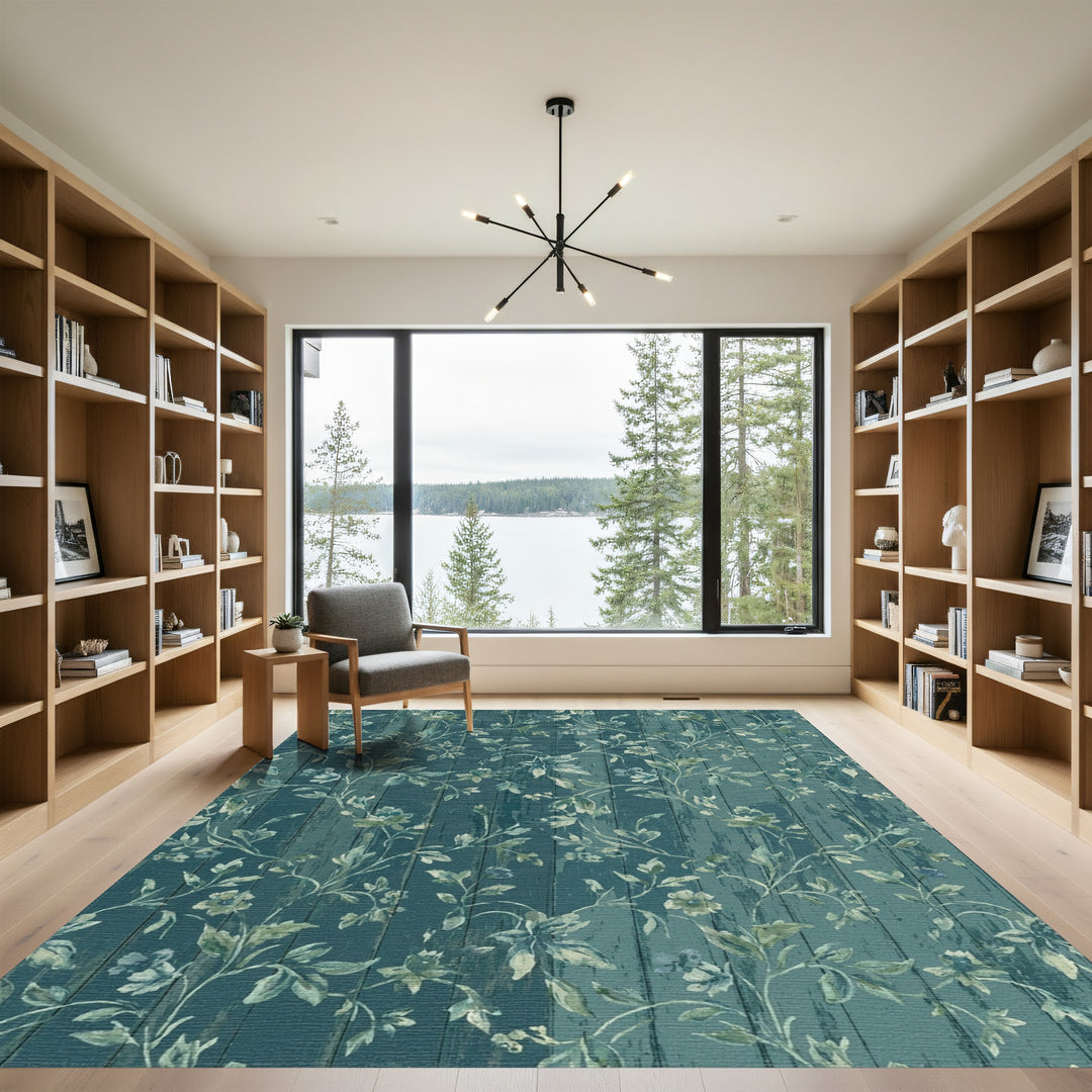 Teal Wood Floral Vine Botanical Rug