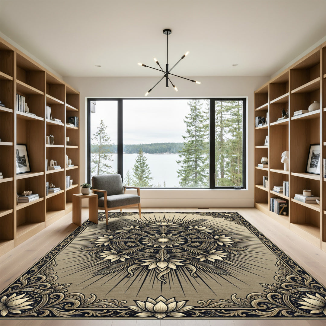 Golden Lotus Sunburst Mandala Rug