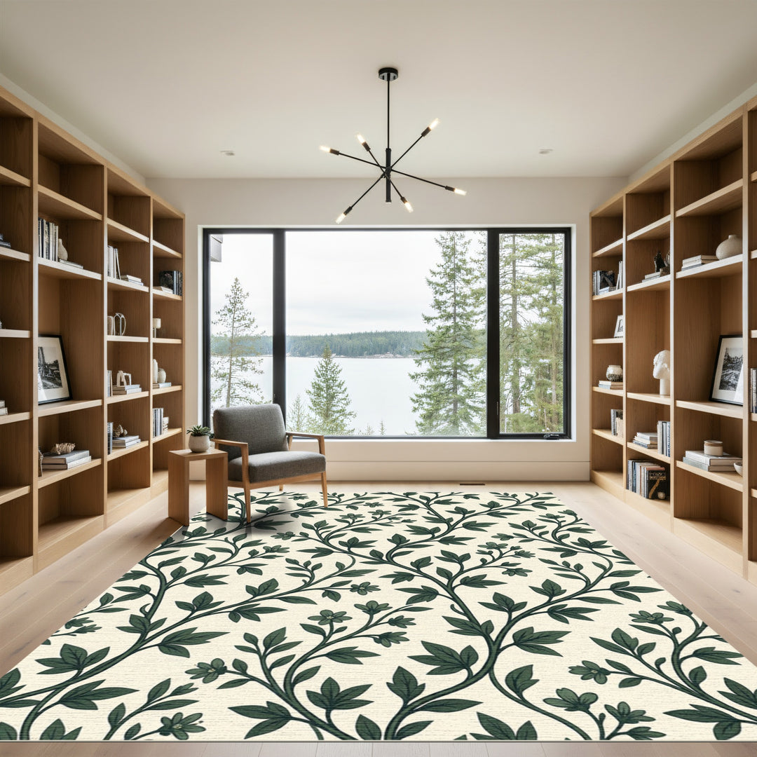 Dark Green Floral Vine Botanical Rug