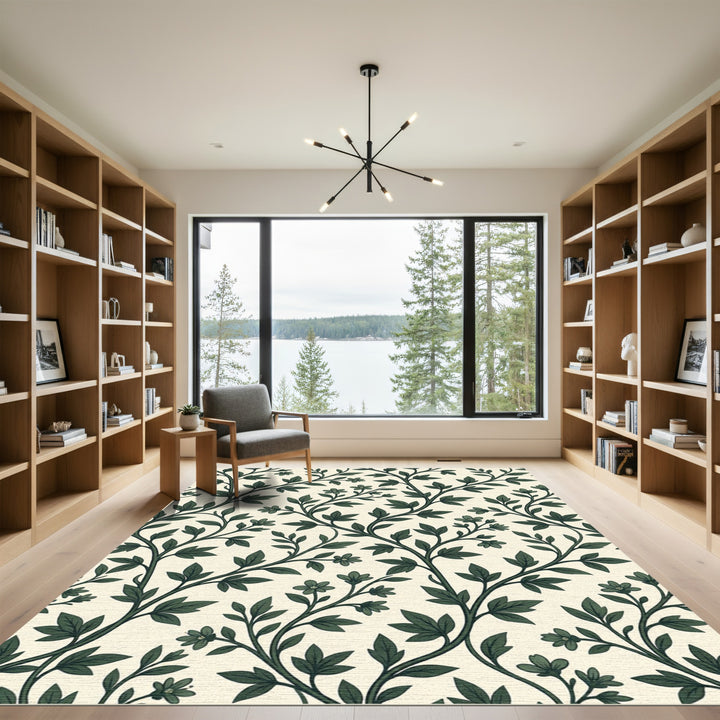 Dark Green Floral Vine Botanical Rug