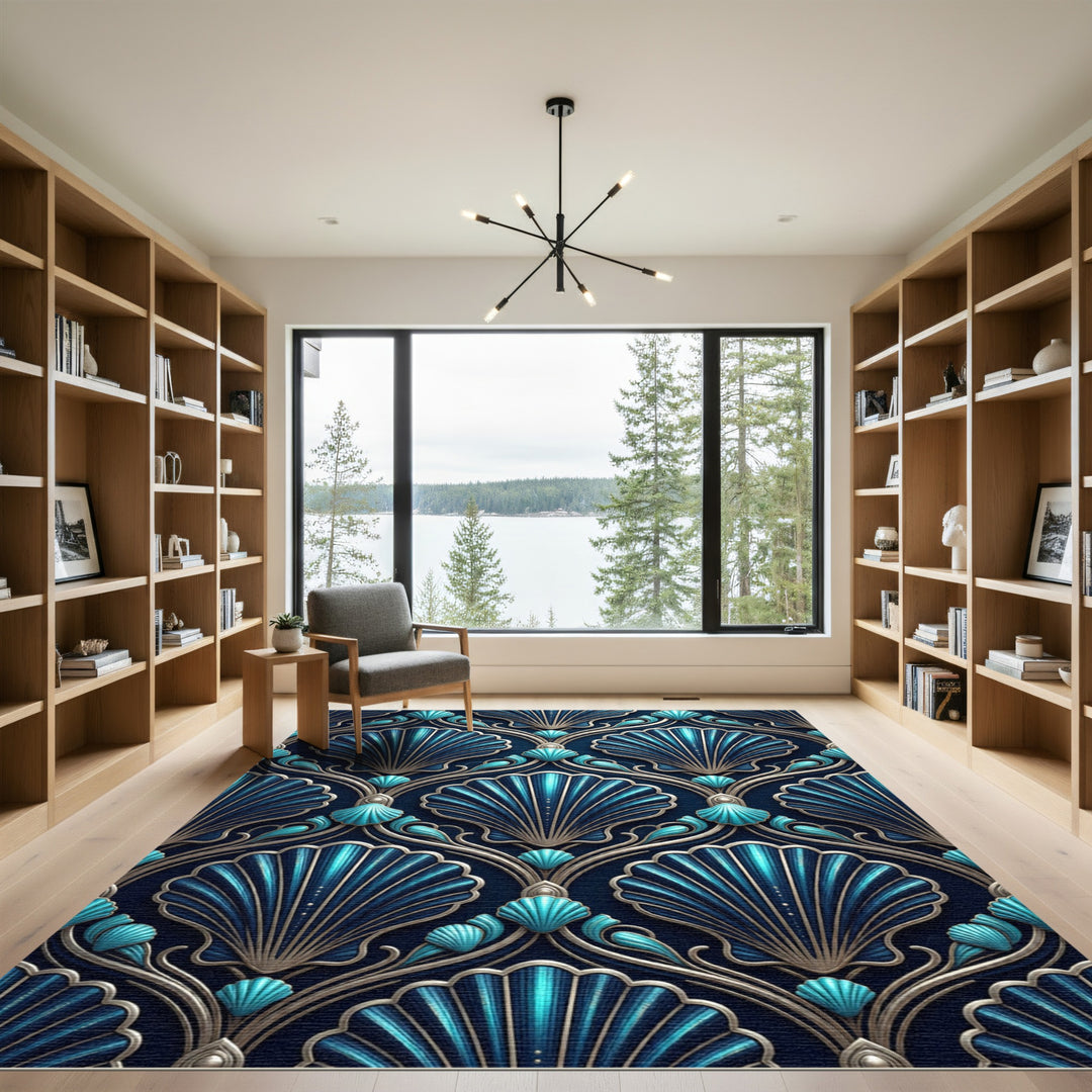 Deep Teal Scallop Art Deco Rug