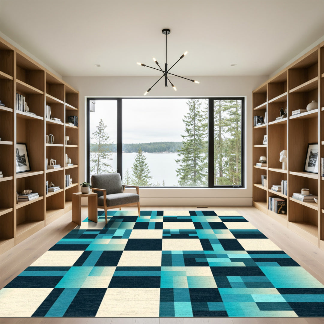 Teal Blue Gradient Checkerboard Square Rug