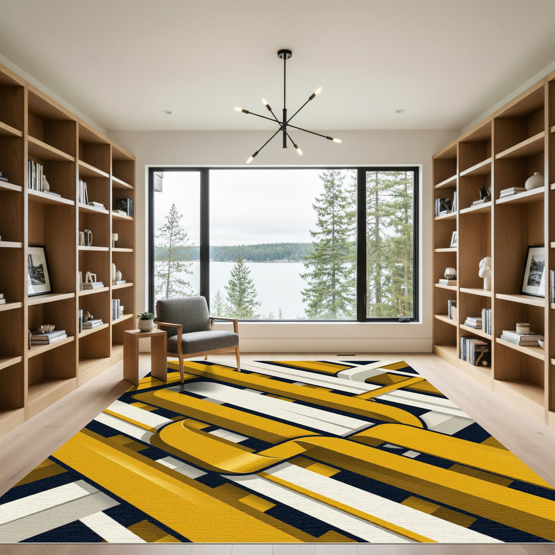 Golden Yellow White Intersecting Ribbons Rug