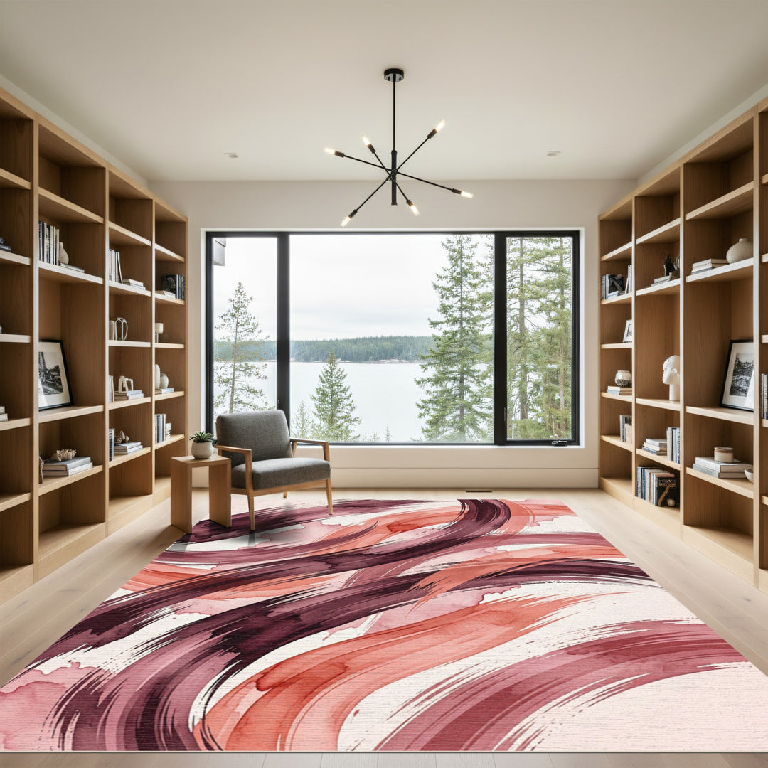 Crimson Coral Swirl Watercolor Brushstroke Rug