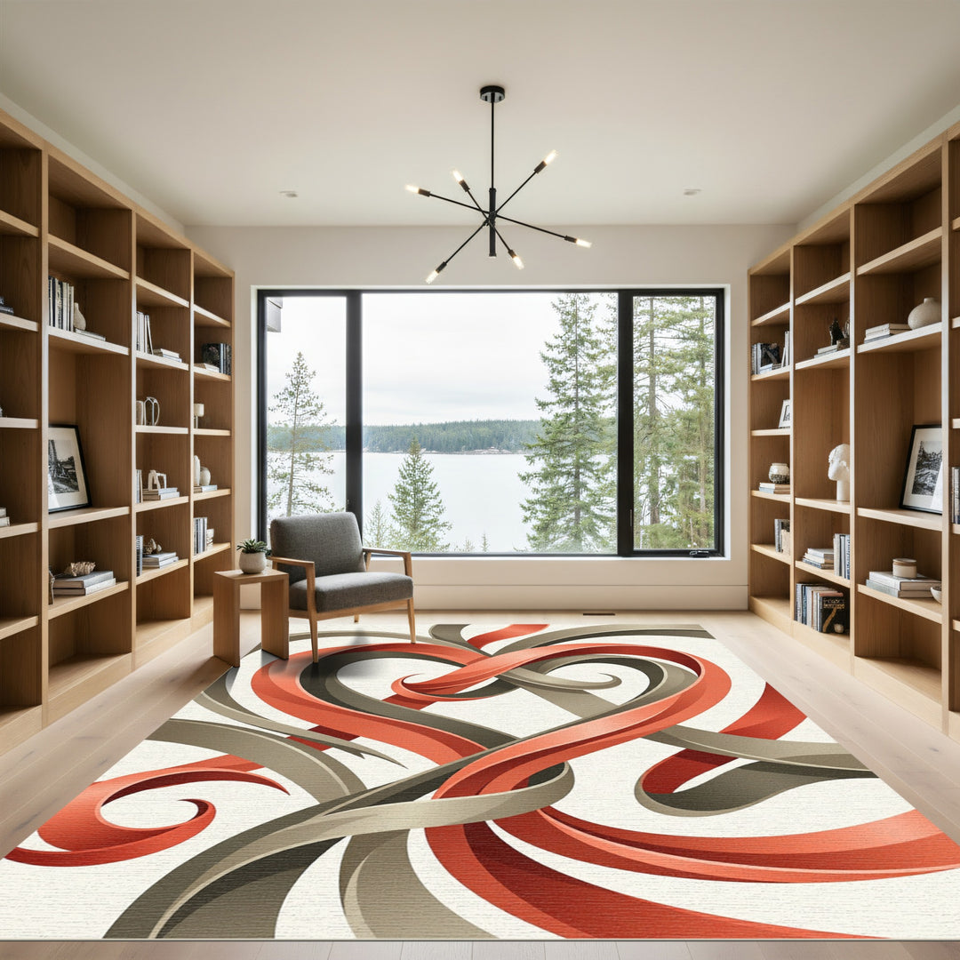 Elegant Coral Gray Ribbon Heart Rug