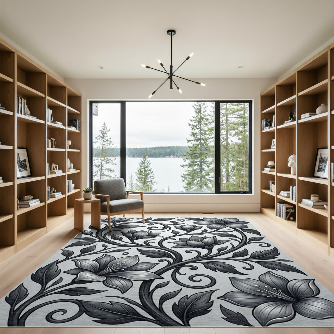 Elegant Gray Floral Vine Swirls Rug