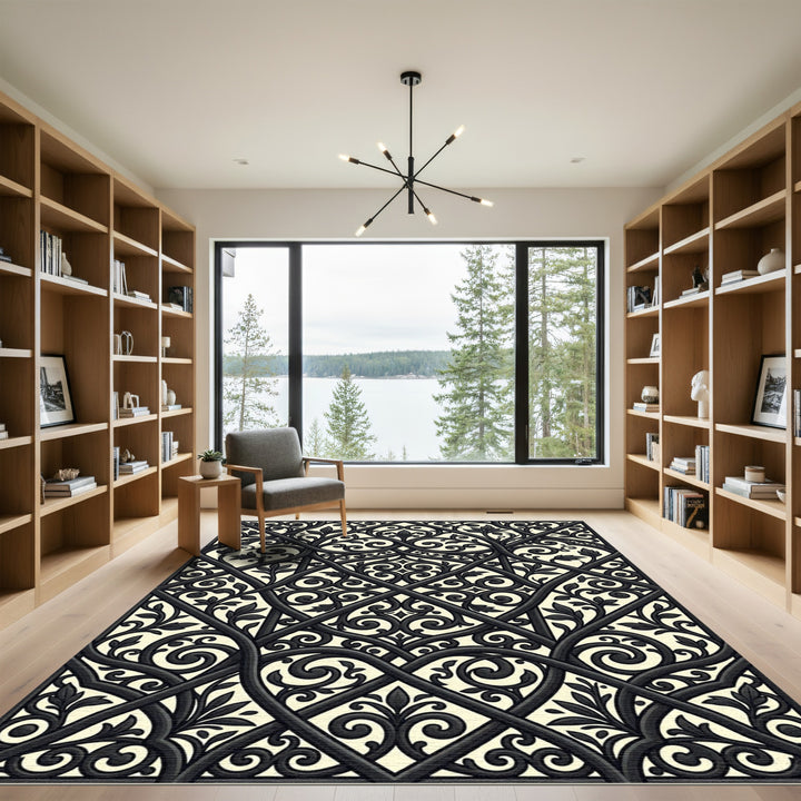 Black Cream Interlaced Arabesque Foliage Rug