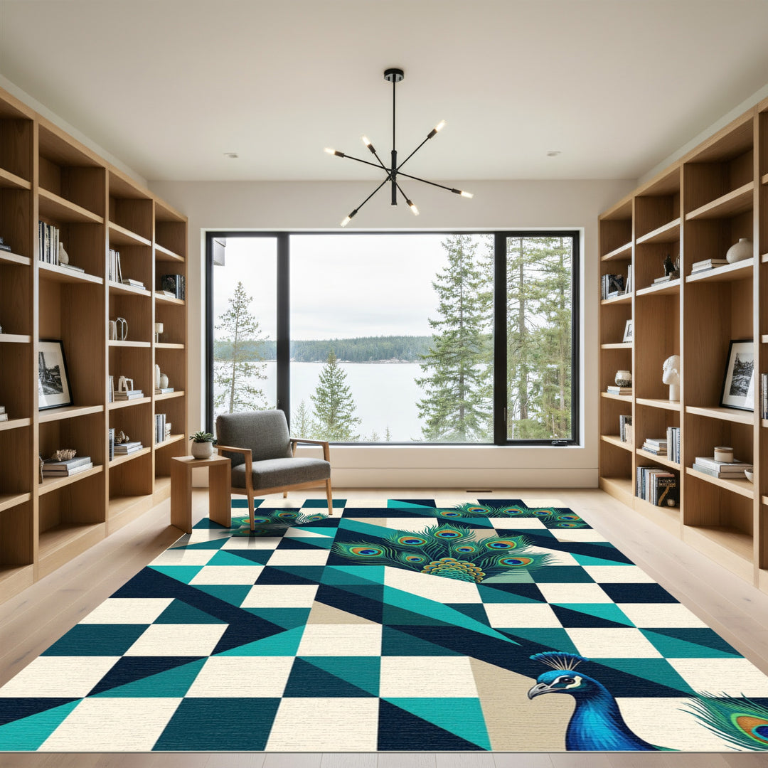 Geometric Peacock Feather Art Rug