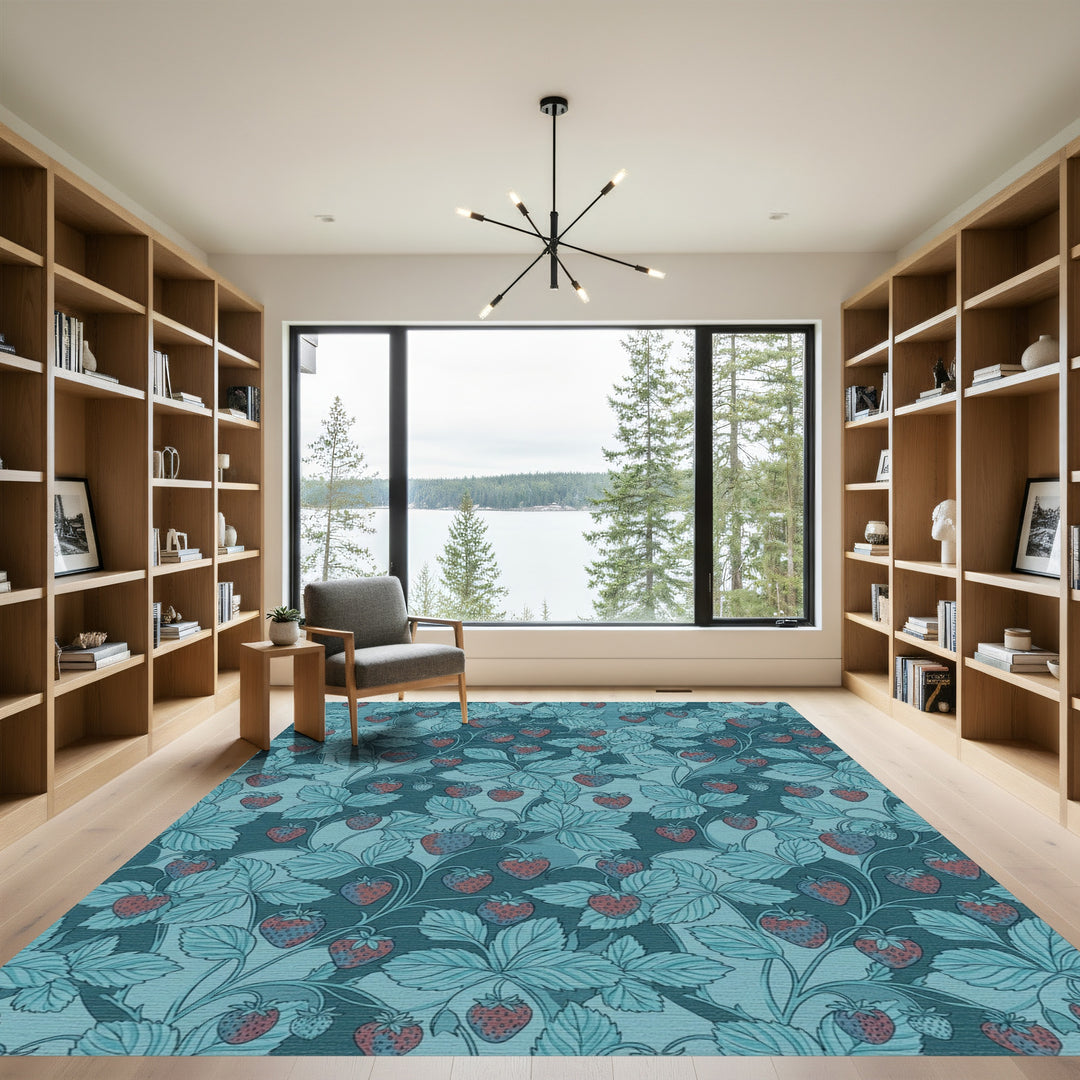 Teal Strawberry Vine Botanical Medallion Rug