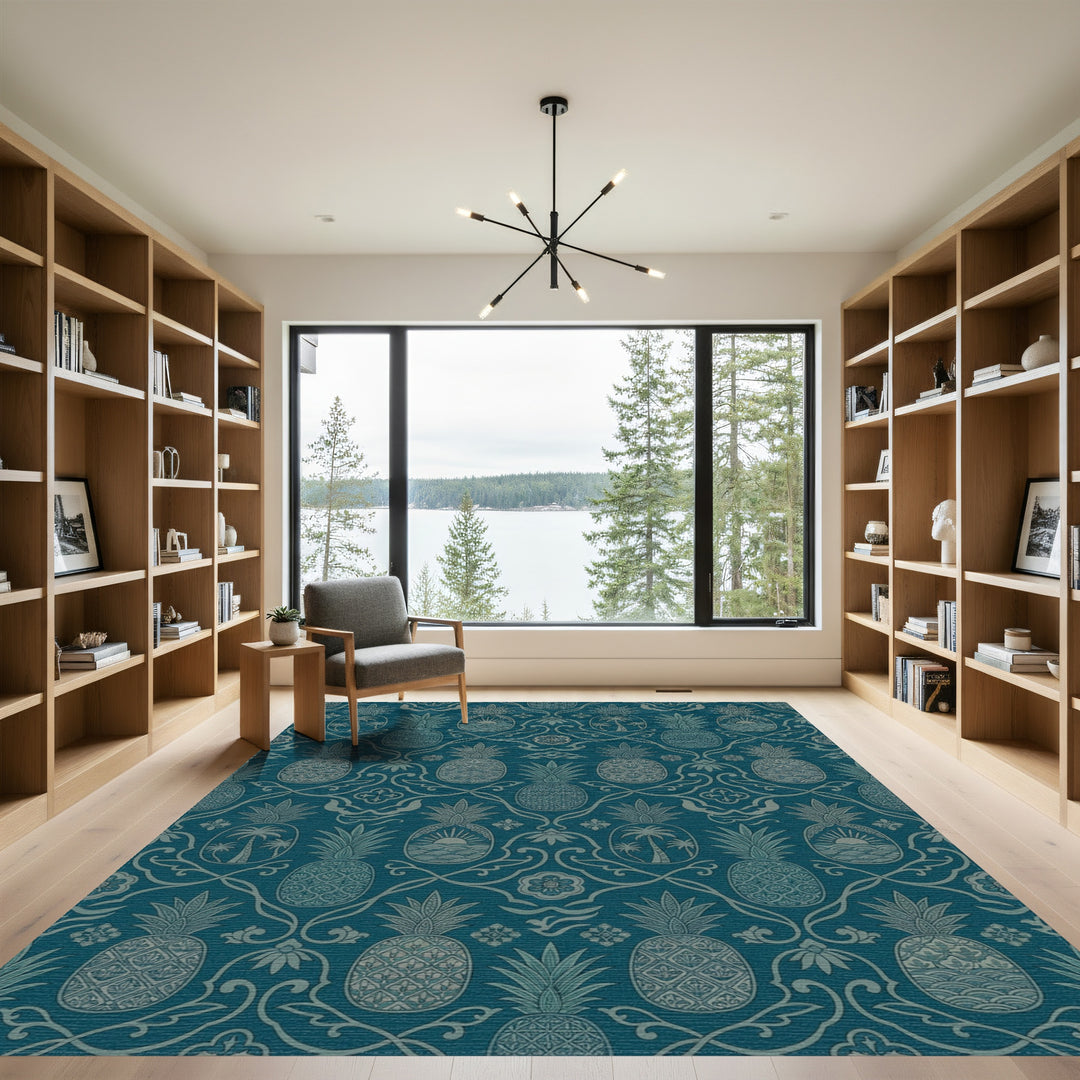 Teal Pineapple Tropical Palmed Scene Rug