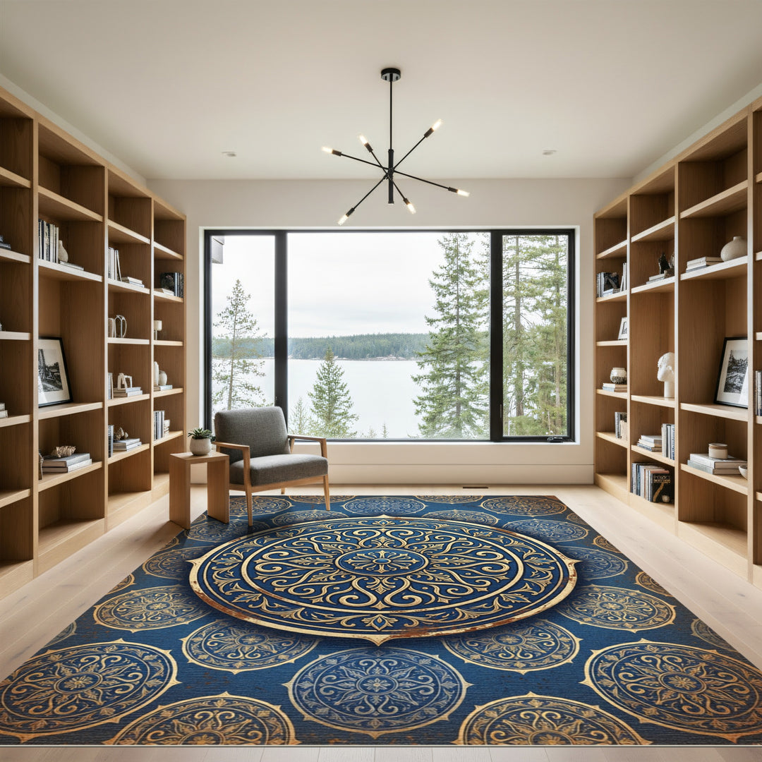 Ornate Blue Gold Medallion Rug