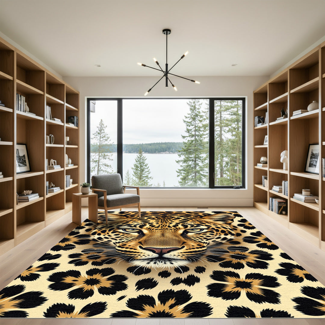 Golden Leopard Face Floral Rug