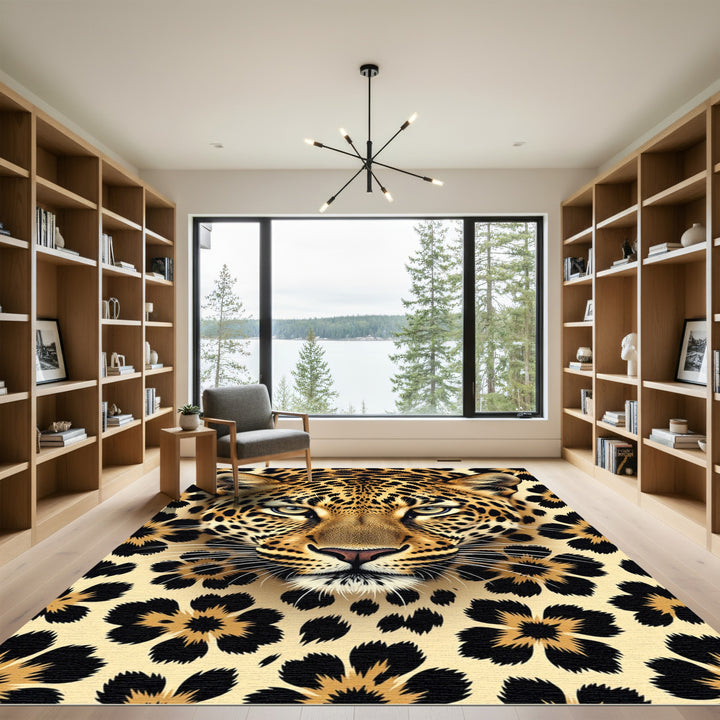 Golden Leopard Face Floral Rug