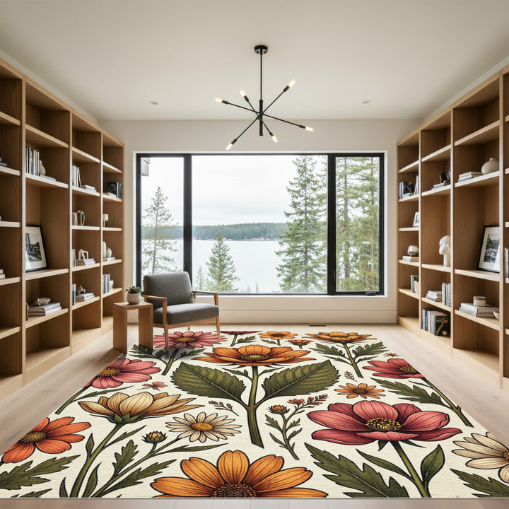 Vibrant Coral Orange Floral Botanical Rug