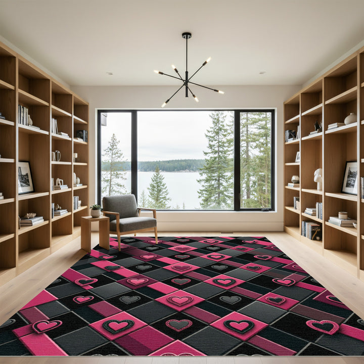 Pink Black Heart Geometric Rug