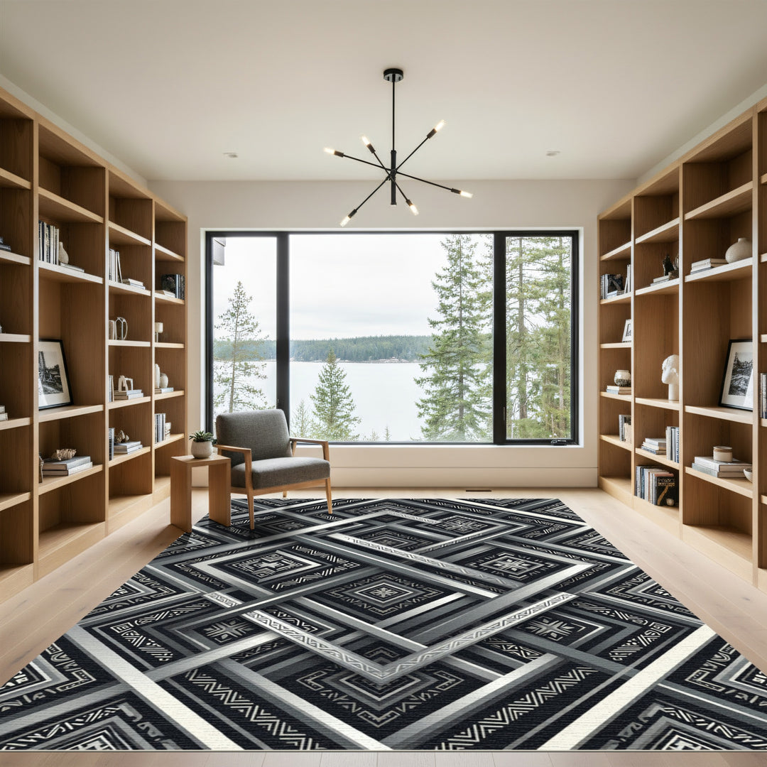 Geometric Lines Black Silver Composition Rug