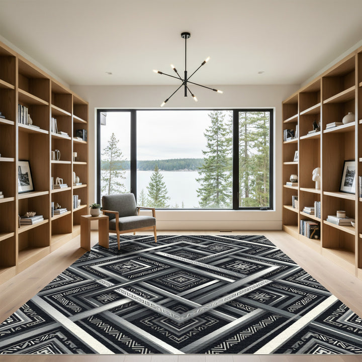 Geometric Lines Black Silver Composition Rug