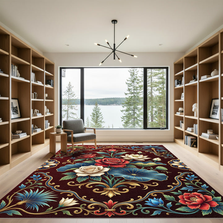 Rich Red Floral Lotus Scroll Rug