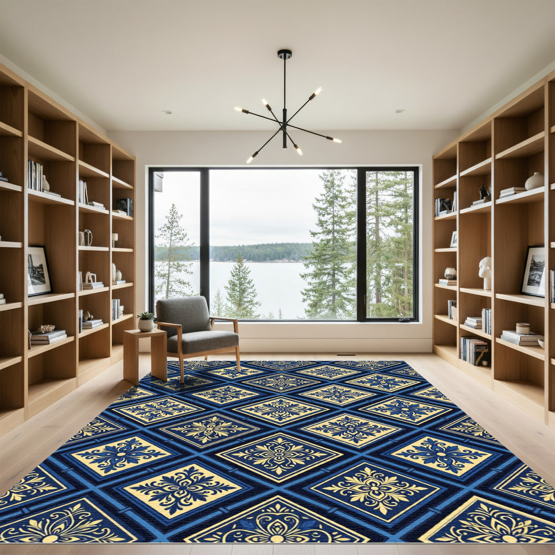 Regal Blue Yellow Damask Diamond Rug