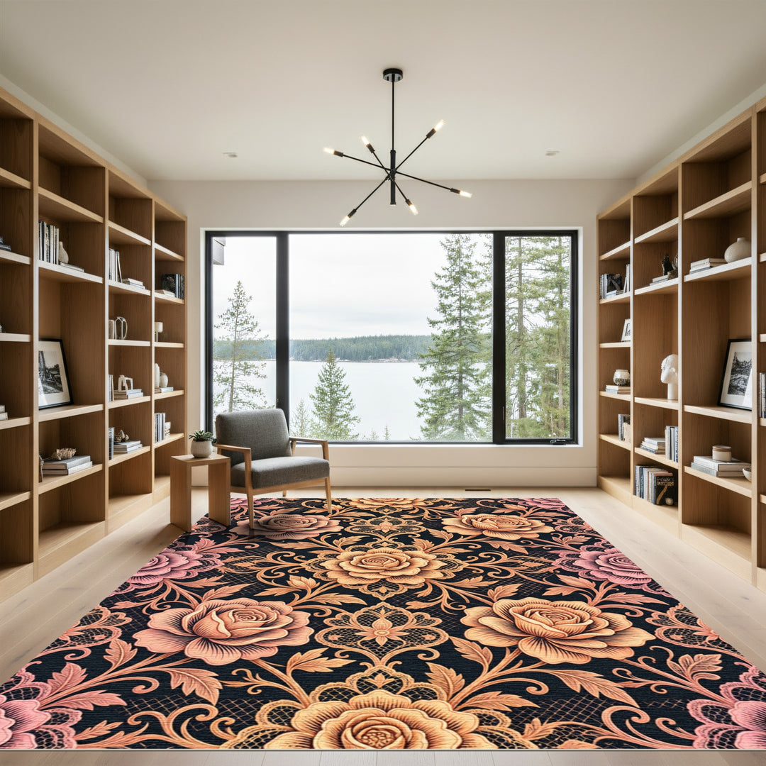 Pink Coral Rose Lace Medallion Rug