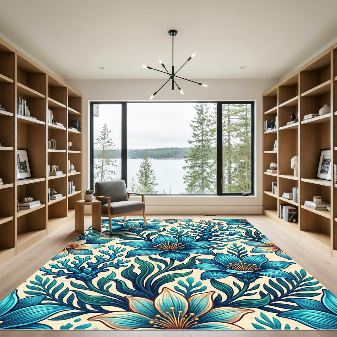 Oceanic Teal Floral Coral Rug