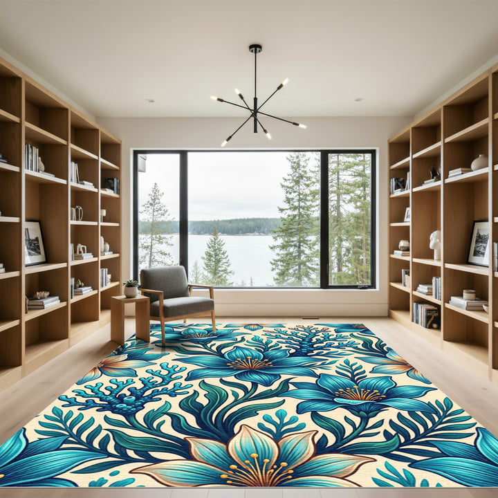 Oceanic Teal Floral Coral Rug