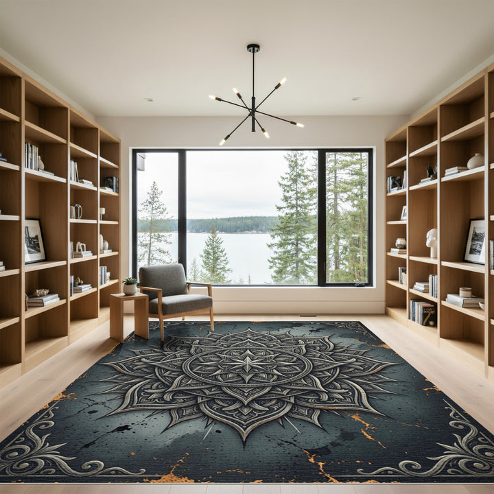 Elegant Black Gold Mandala Rug