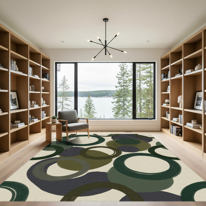 Deep Forest Green Abstract Circles Rug