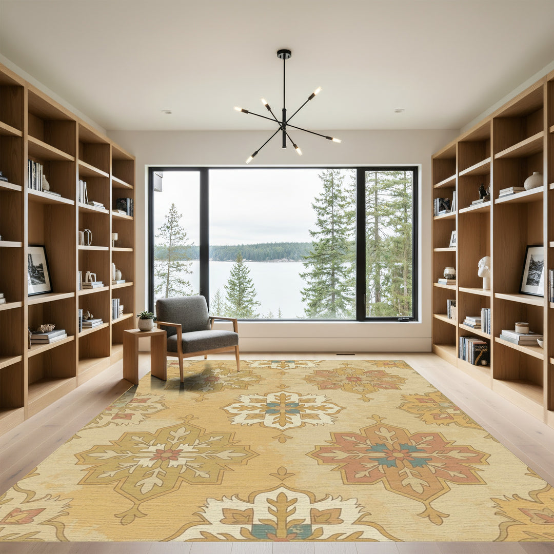 Golden Ochre Floral Starburst Medallion Rug