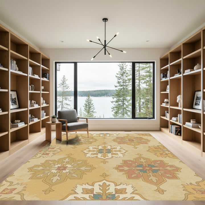 Golden Ochre Floral Starburst Medallion Rug